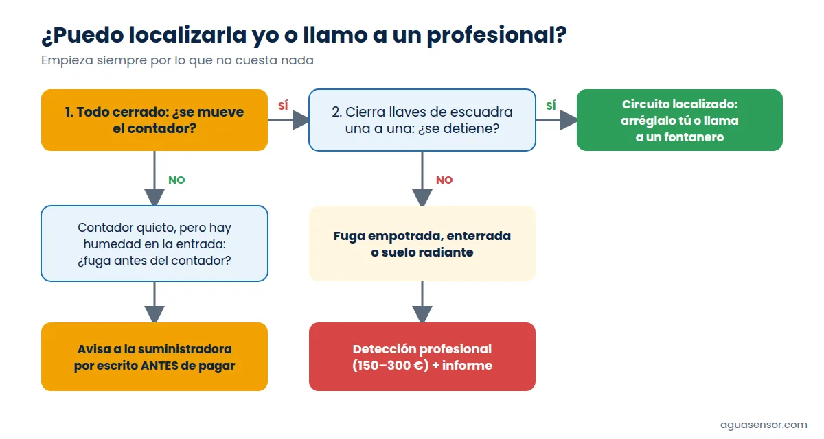 Diagrama de decisión: cuándo puedes localizar la fuga tú y cuándo conviene llamar a un profesional de detección
