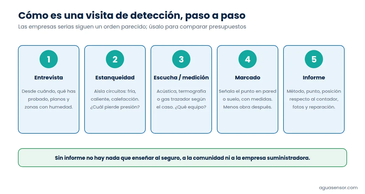 Cinco pasos de una visita de detección de fugas: entrevista, prueba de estanqueidad, escucha o medición, marcado del punto e informe