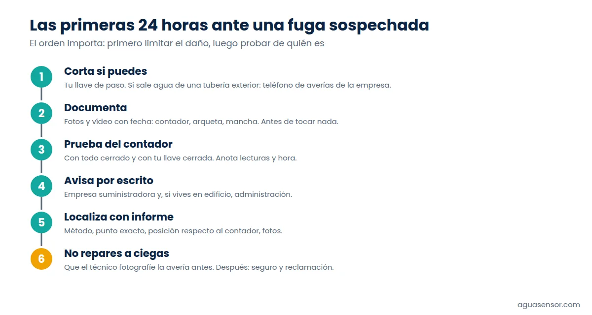 Línea de tiempo con las acciones de las primeras 24 horas ante una fuga sospechada: cortar, fotografiar, avisar, localizar, guardar el informe y reclamar